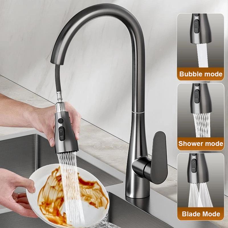 Выдвижной кухонный смеситель Утолщенный латунный черный смеситель Смеситель для кухонной раковины Кухонный смеситель для воды Смеситель с одним отверстием серый